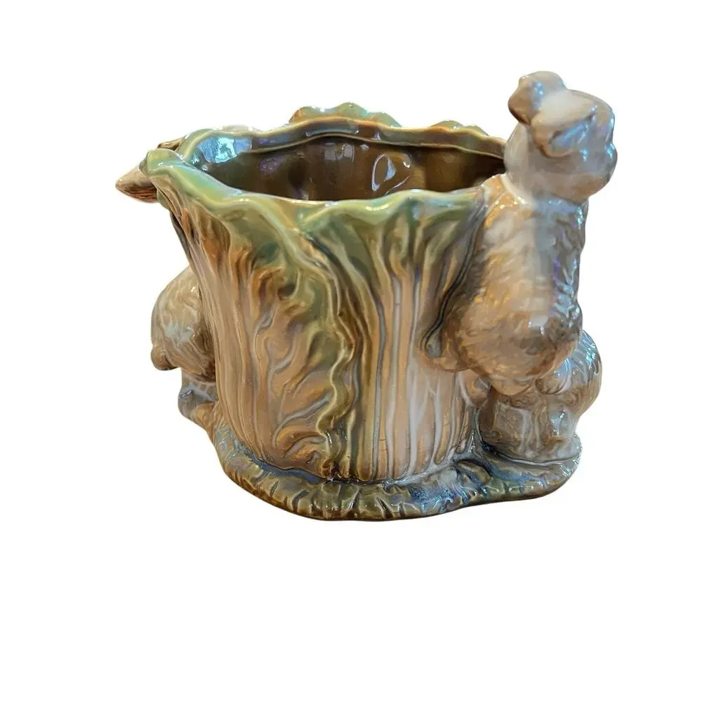 Bunny Rabbit Planter Vintage Ceramic Cabbage Peter Rabbit Glazed Retro Country